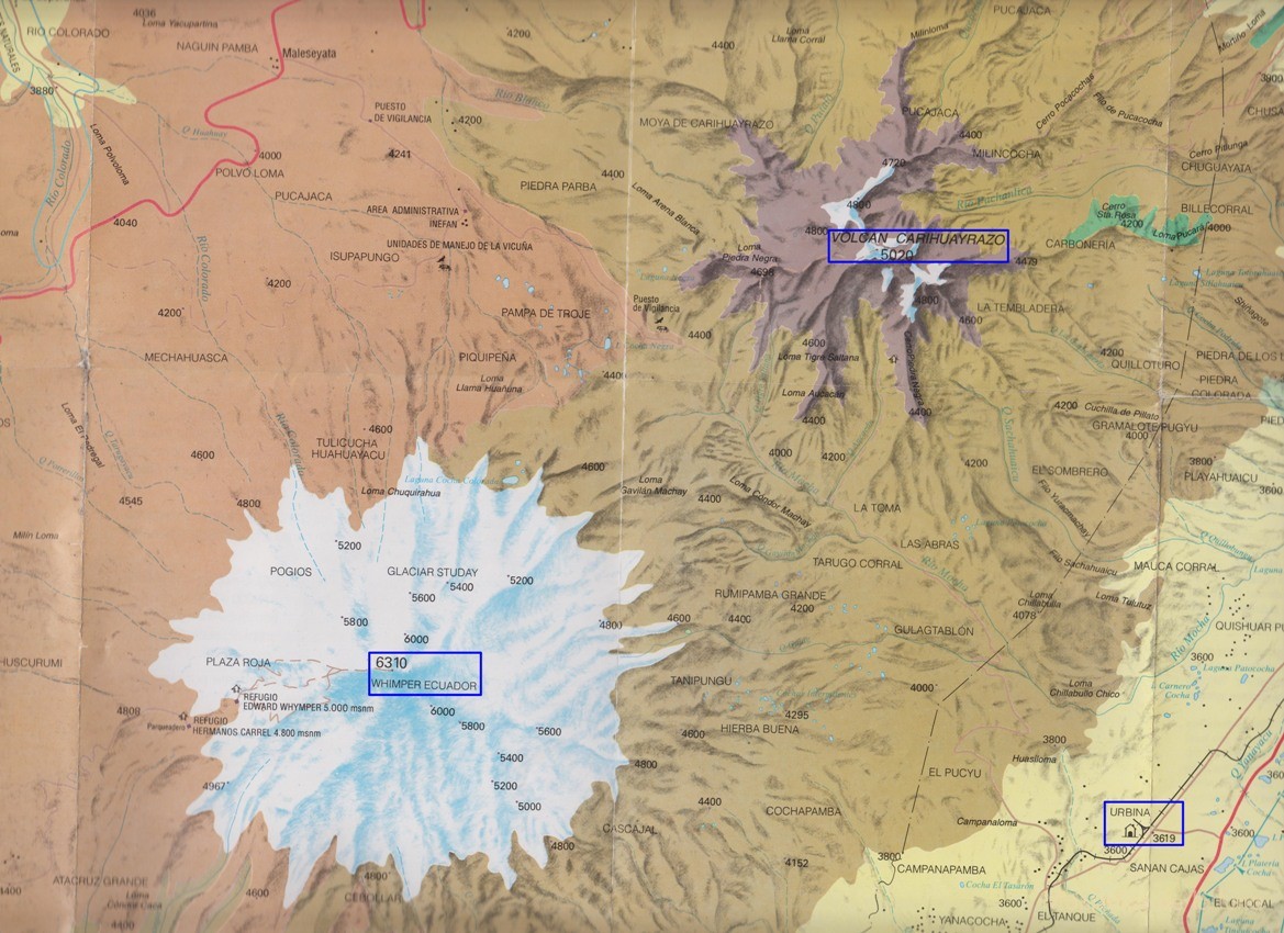 Mapa donde se situa Urbina con respecto el Chimborazo a su oeste y el Carihuayrazo a su norte